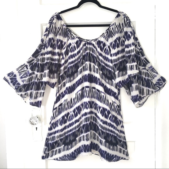Parker Ikat Tie Dye Silk Dress with Flutter Sleeves in Blue and White Medium M - Picture 1 of 9